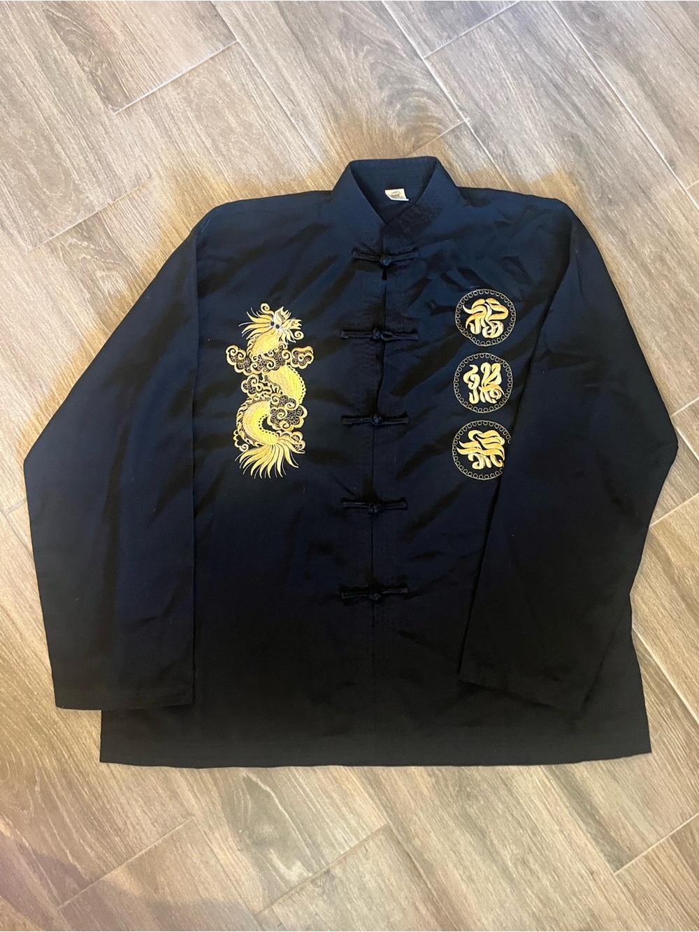 Men's Black Mandarin-Style Jacket with Gold Dragon Embroidery